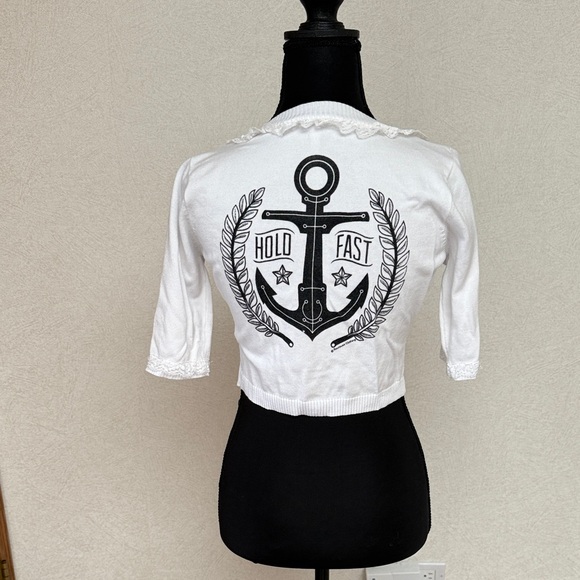 SWEATER WEATHER! Sourpuss Crop Cardigan with Star Embroidery and Anchor Design - Picture 2 of 3